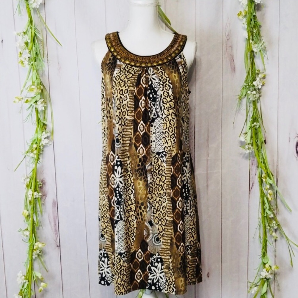 Elementz sz M Shift Dress Brown Black Beaded